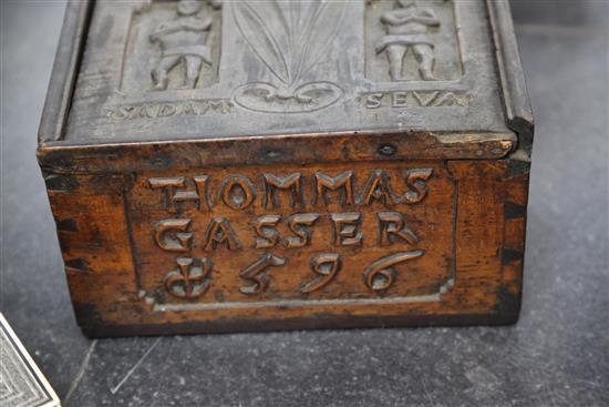 A 16th century style German carved fruitwood bible box, 15.5 x 10.5 x 6in.